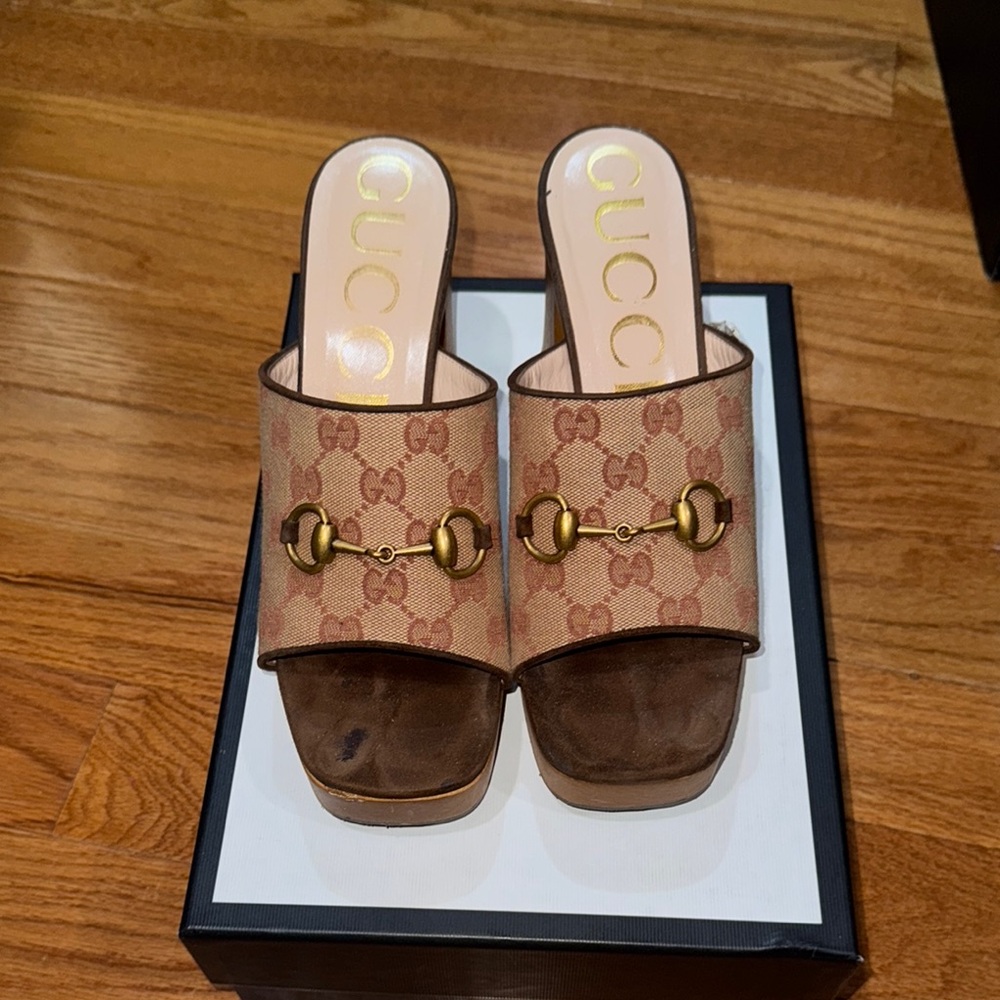 Gucci Brown and Gold Leather Mules Suede Houdan Platform Slide